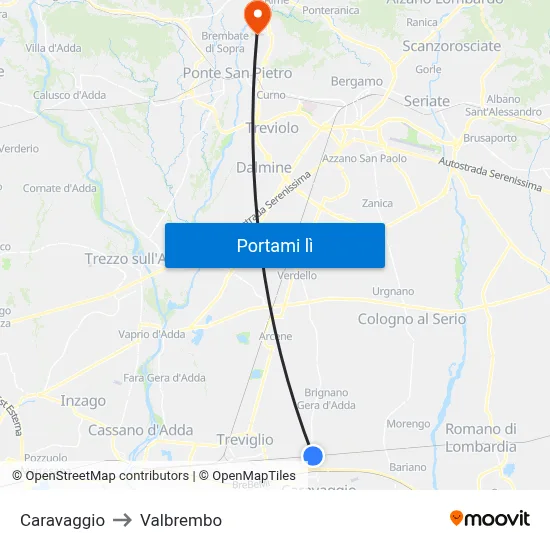 Caravaggio to Valbrembo map