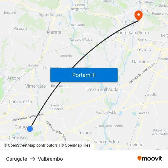 Carugate to Valbrembo map