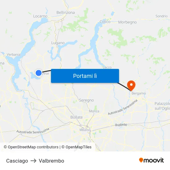 Casciago to Valbrembo map