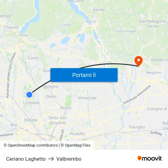 Ceriano Laghetto to Valbrembo map