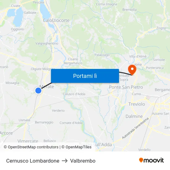 Cernusco Lombardone to Valbrembo map