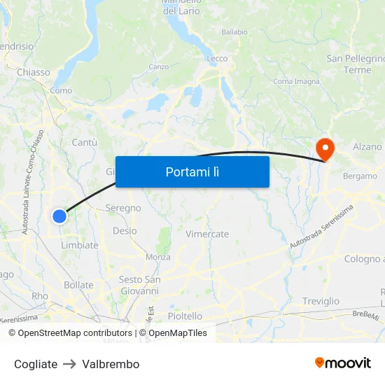 Cogliate to Valbrembo map