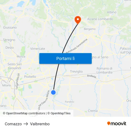 Comazzo to Valbrembo map