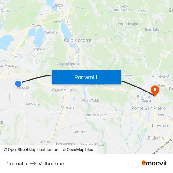 Cremella to Valbrembo map