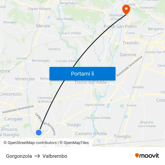 Gorgonzola to Valbrembo map