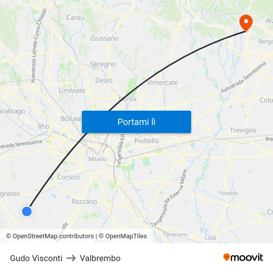 Gudo Visconti to Valbrembo map