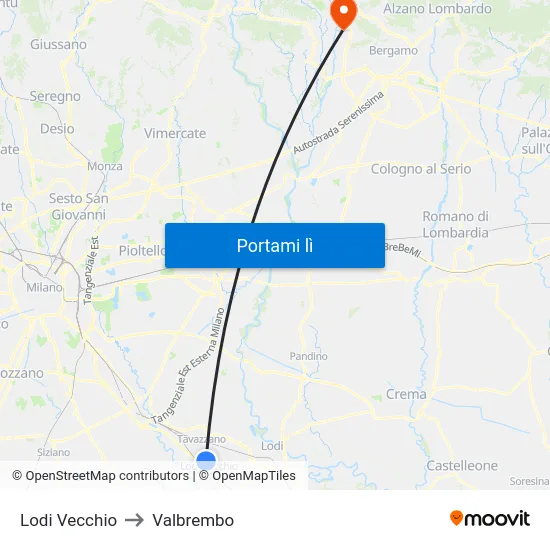 Lodi Vecchio to Valbrembo map