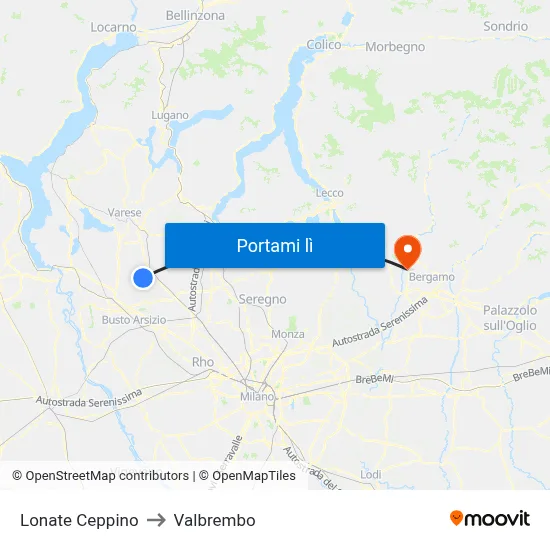 Lonate Ceppino to Valbrembo map