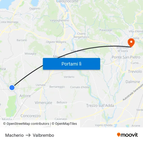 Macherio to Valbrembo map