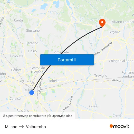 Milano to Valbrembo map