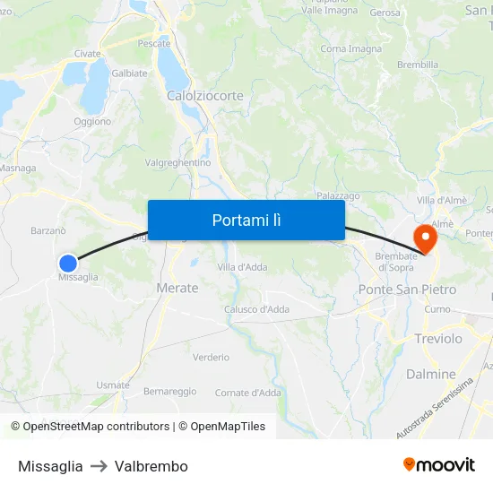 Missaglia to Valbrembo map