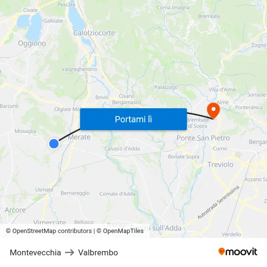 Montevecchia to Valbrembo map
