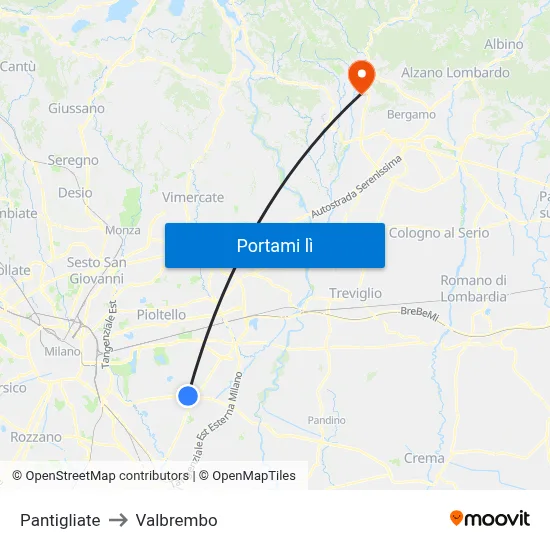 Pantigliate to Valbrembo map