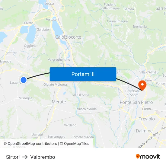 Sirtori to Valbrembo map