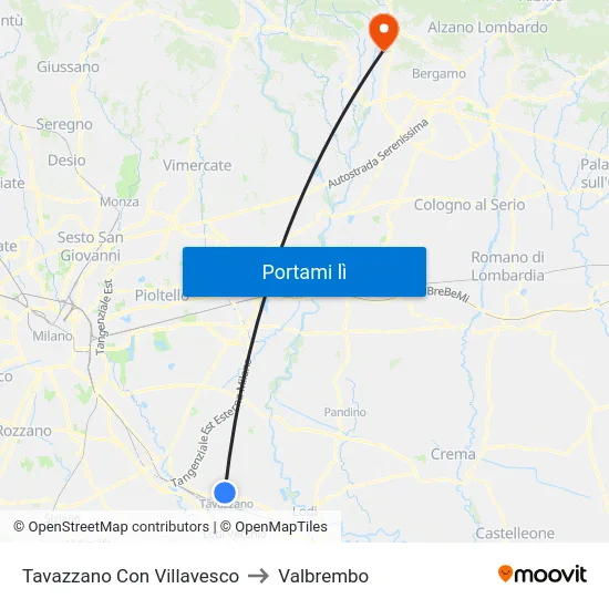 Tavazzano Con Villavesco to Valbrembo map