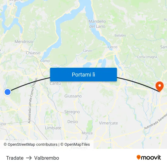 Tradate to Valbrembo map