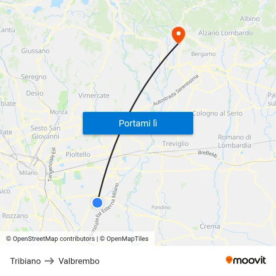 Tribiano to Valbrembo map