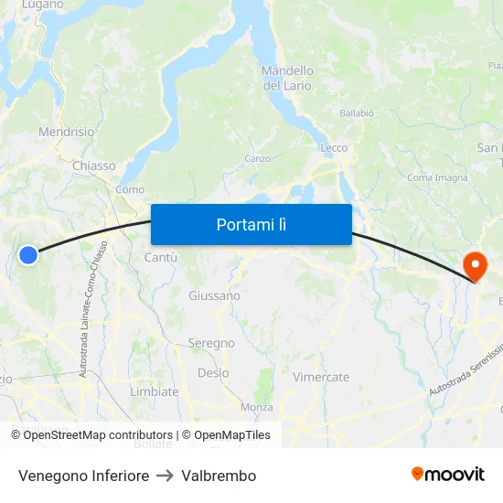Venegono Inferiore to Valbrembo map