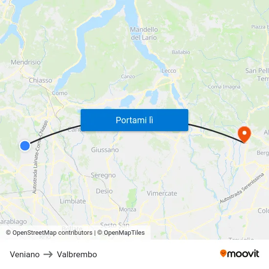 Veniano to Valbrembo map