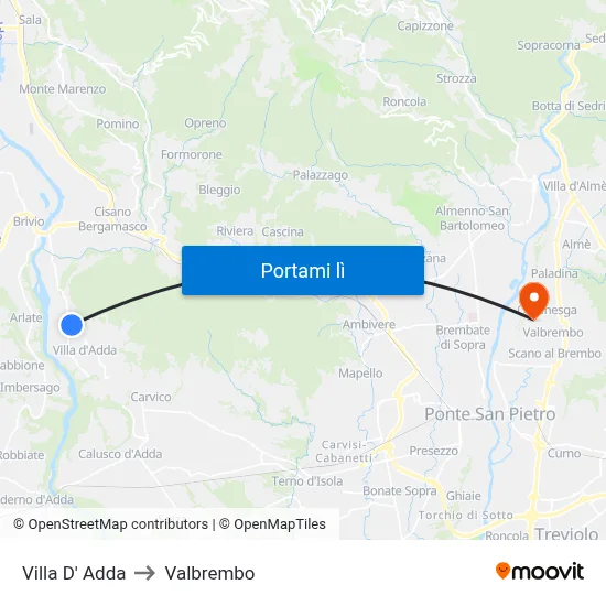 Villa D' Adda to Valbrembo map