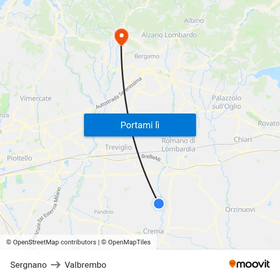 Sergnano to Valbrembo map