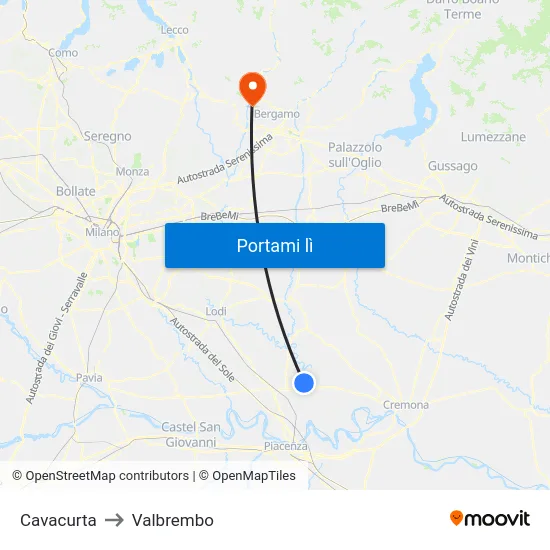 Cavacurta to Valbrembo map