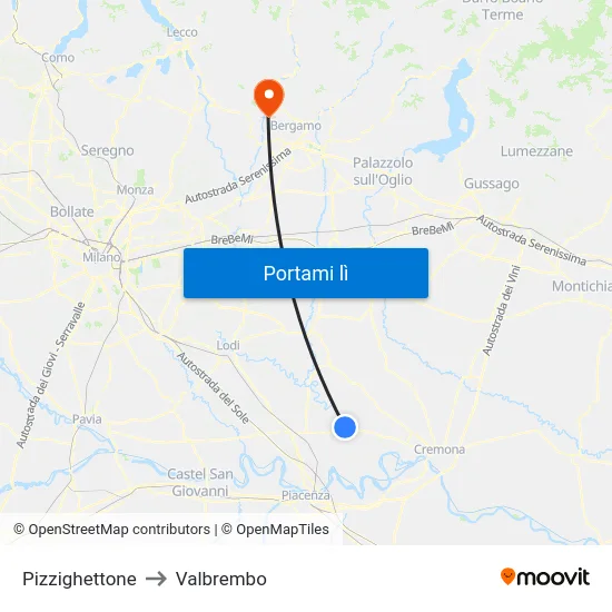 Pizzighettone to Valbrembo map