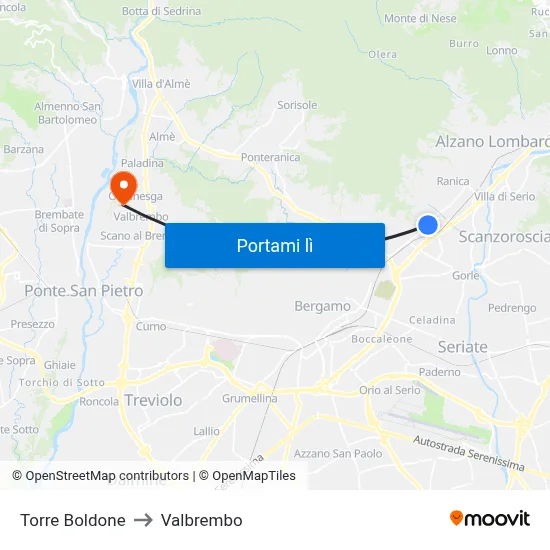 Torre Boldone to Valbrembo map
