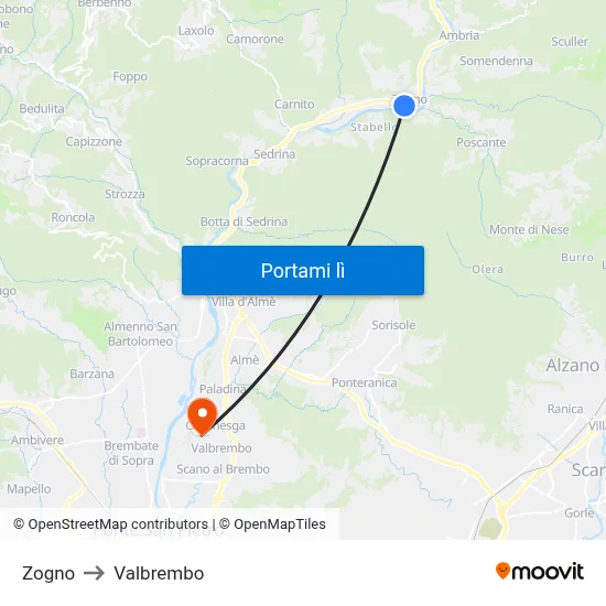 Zogno to Valbrembo map