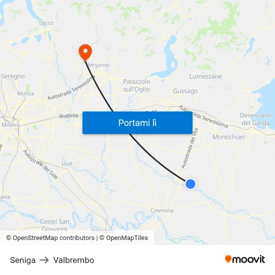 Seniga to Valbrembo map