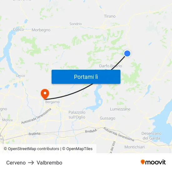 Cerveno to Valbrembo map
