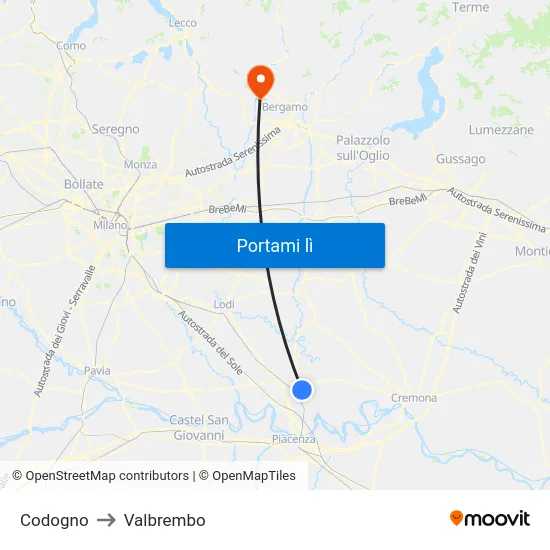 Codogno to Valbrembo map