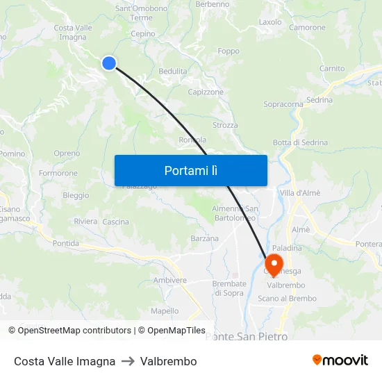 Costa Valle Imagna to Valbrembo map