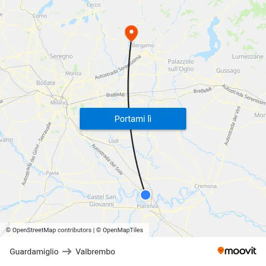 Guardamiglio to Valbrembo map