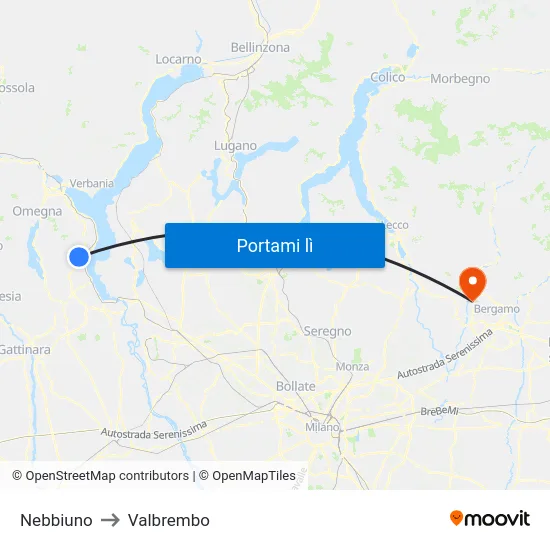 Nebbiuno to Valbrembo map