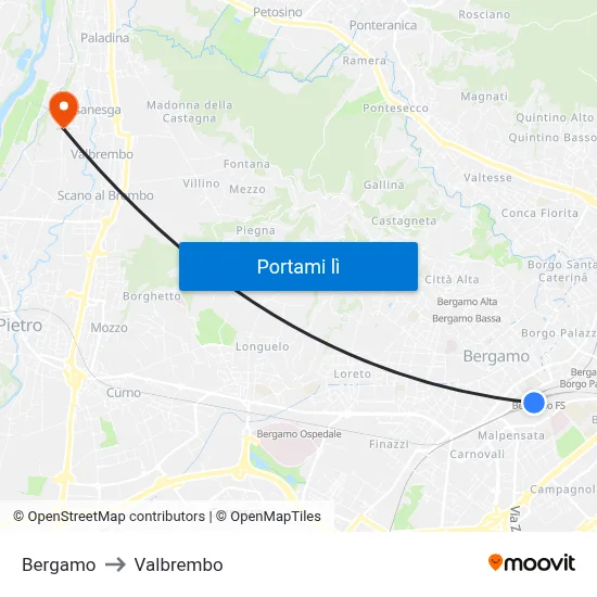 Bergamo to Valbrembo map
