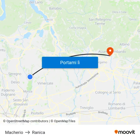 Macherio to Ranica map