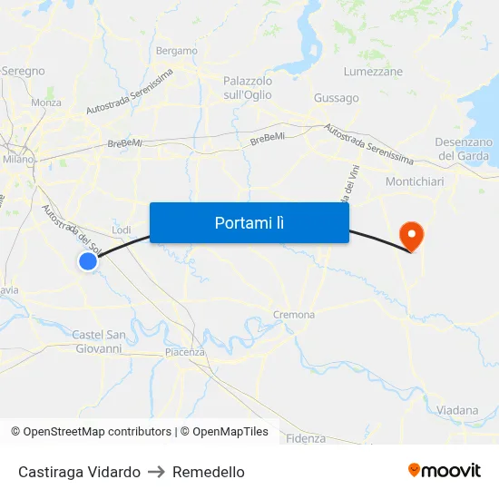 Castiraga Vidardo to Remedello map