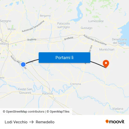 Lodi Vecchio to Remedello map
