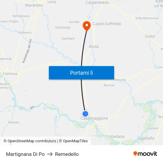 Martignana Di Po to Remedello map