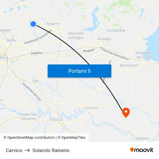 Carvico to Solarolo Rainerio map