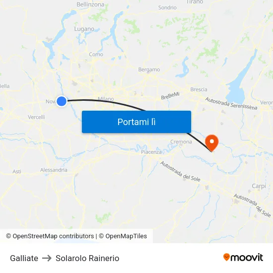 Galliate to Solarolo Rainerio map