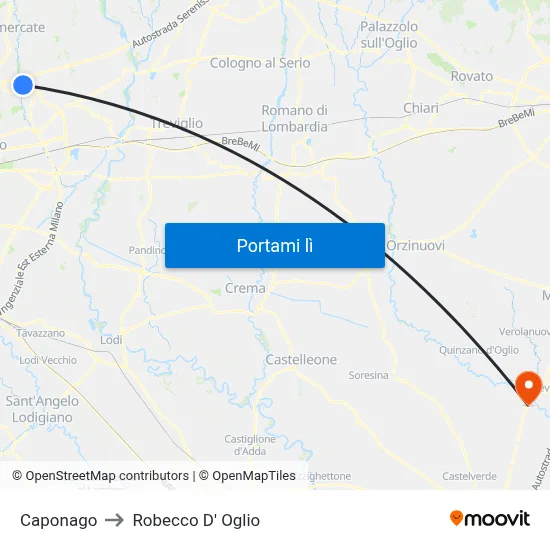 Caponago to Robecco D' Oglio map