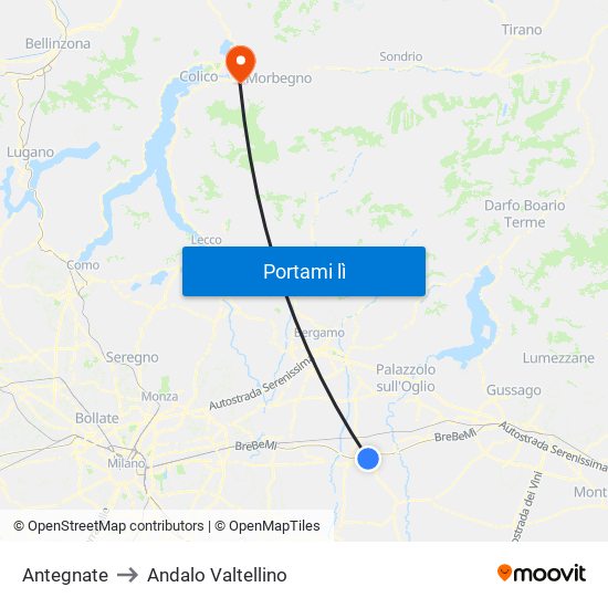 Antegnate to Andalo Valtellino map