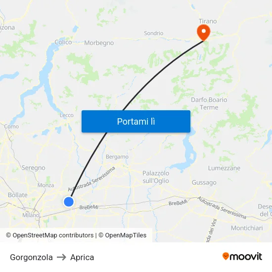 Gorgonzola to Aprica map