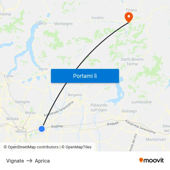 Vignate to Aprica map