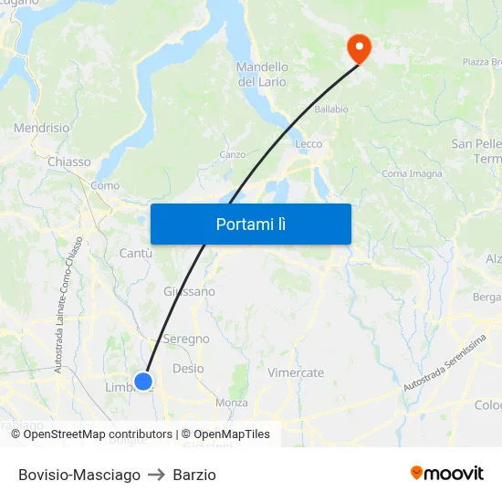 Bovisio-Masciago to Barzio map
