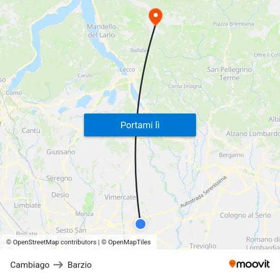 Cambiago to Barzio map