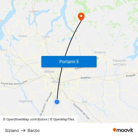 Siziano to Barzio map