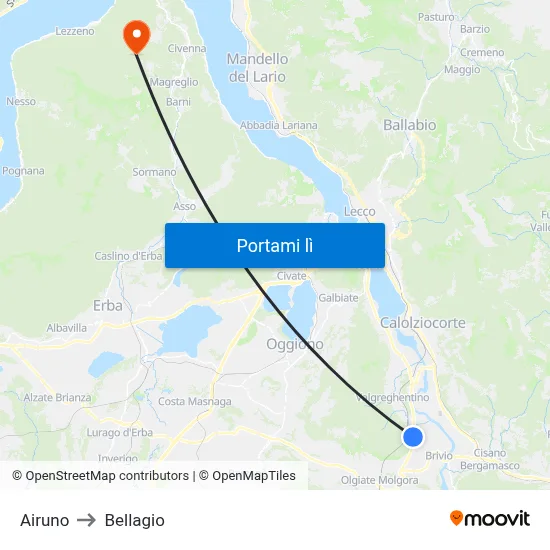 Airuno to Bellagio map